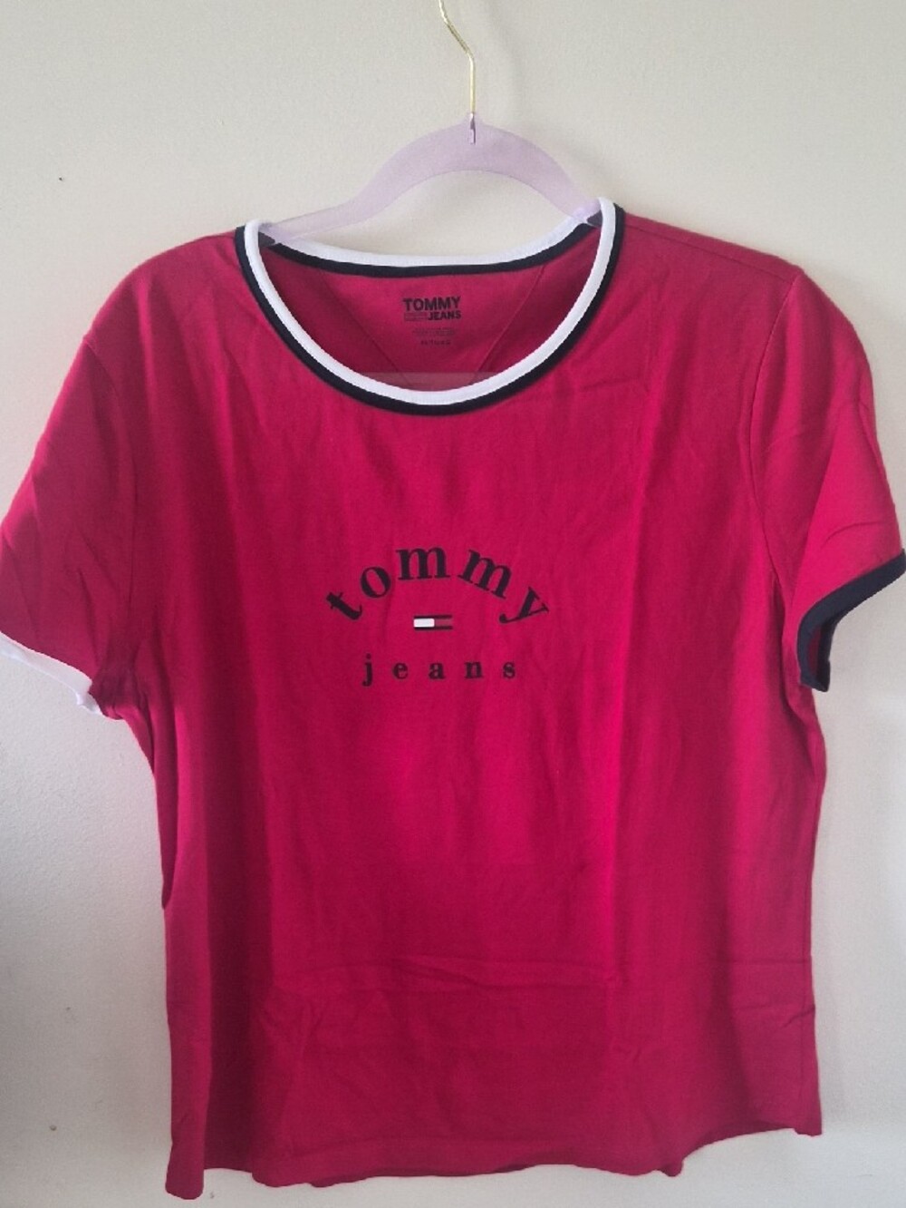 Tommy Hilfiger Red Logo Ringer T-Shirt with Black & White Trim - Picture 4 of 4